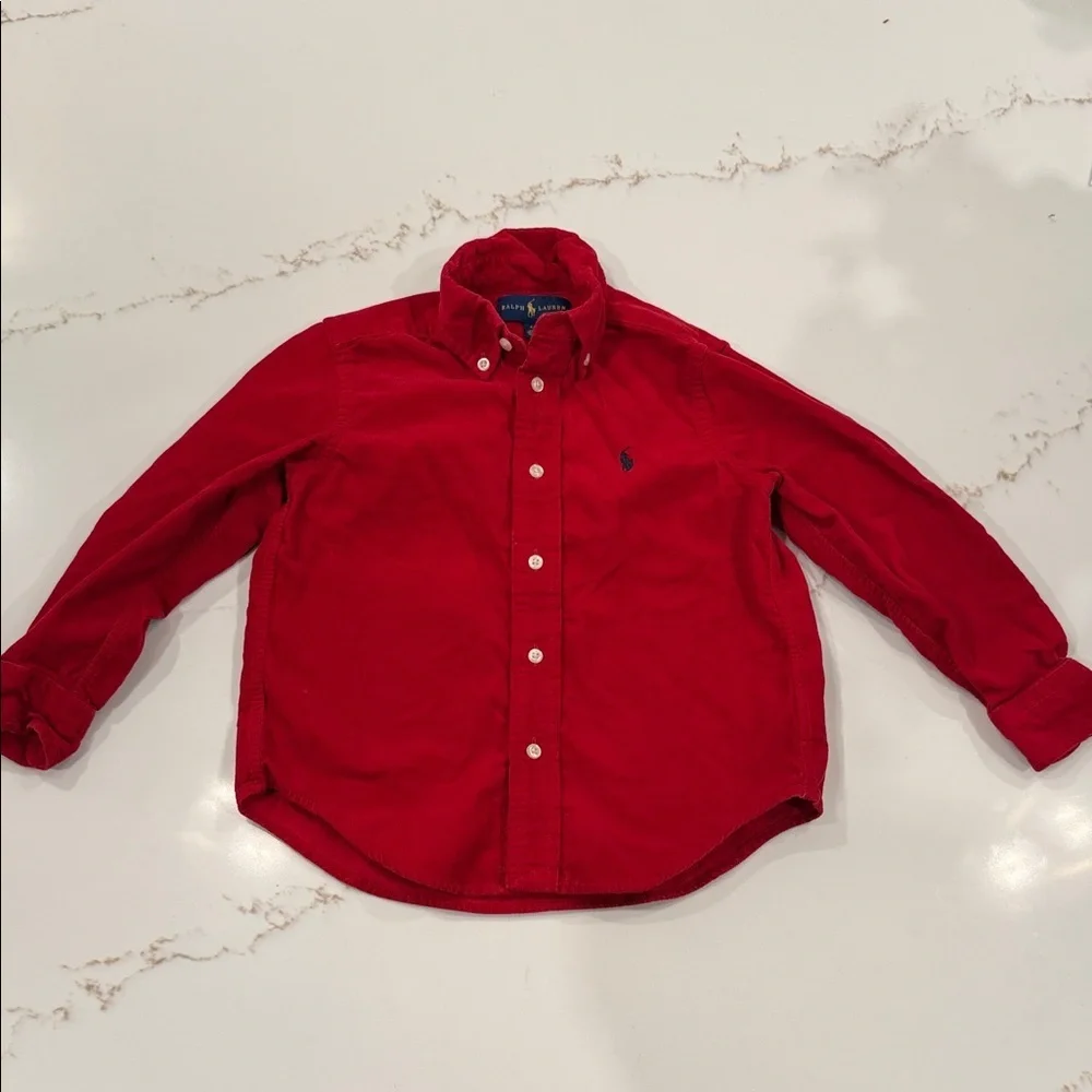 Ralph Lauren Crimson Corduroy Button Down Shirt with Chocolate Elbow Patches 4T